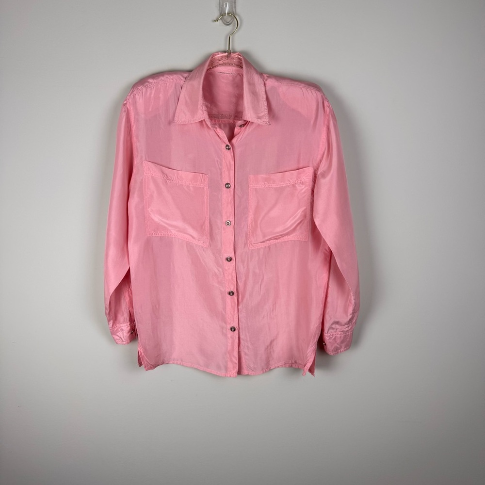 Vintage 100% Silk Blouse Button Down Light Pink Sz Medium 90's Shoulder Pads - Picture 11 of 15